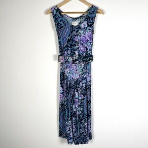 Vintage 80s Dark Floral Midi Dress Womens XS Fairy Dark Feminine Whimsigoth